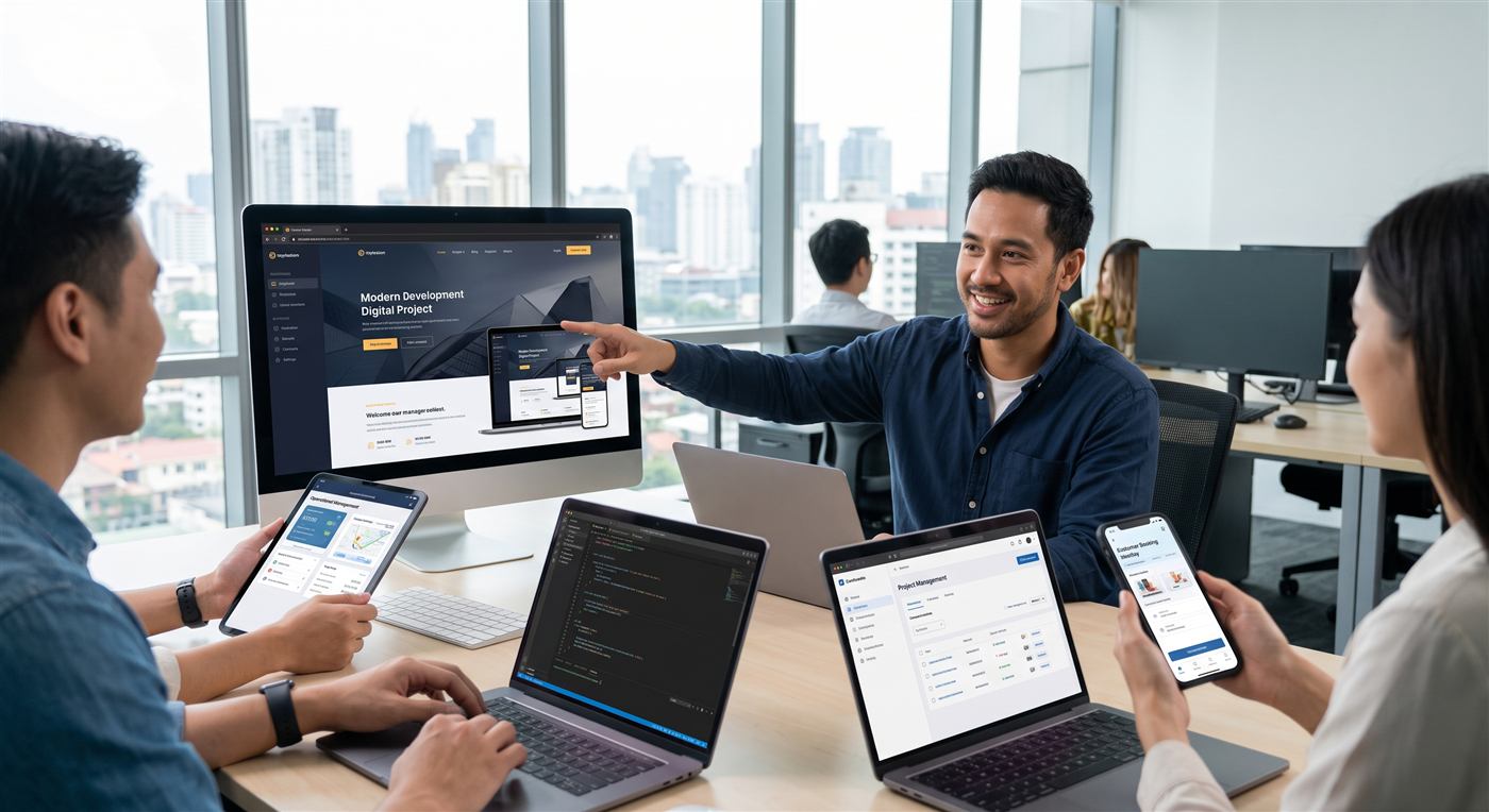 Equipo de trabajo revisando el diseño de un sitio web y una app en varias pantallas