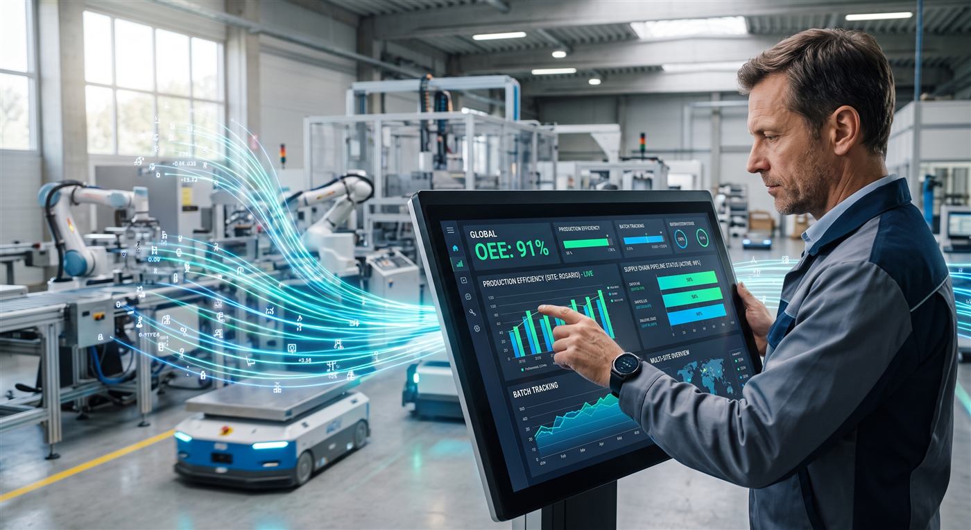 Operario de planta controlando KPIs de producción en un tablero en tiempo real